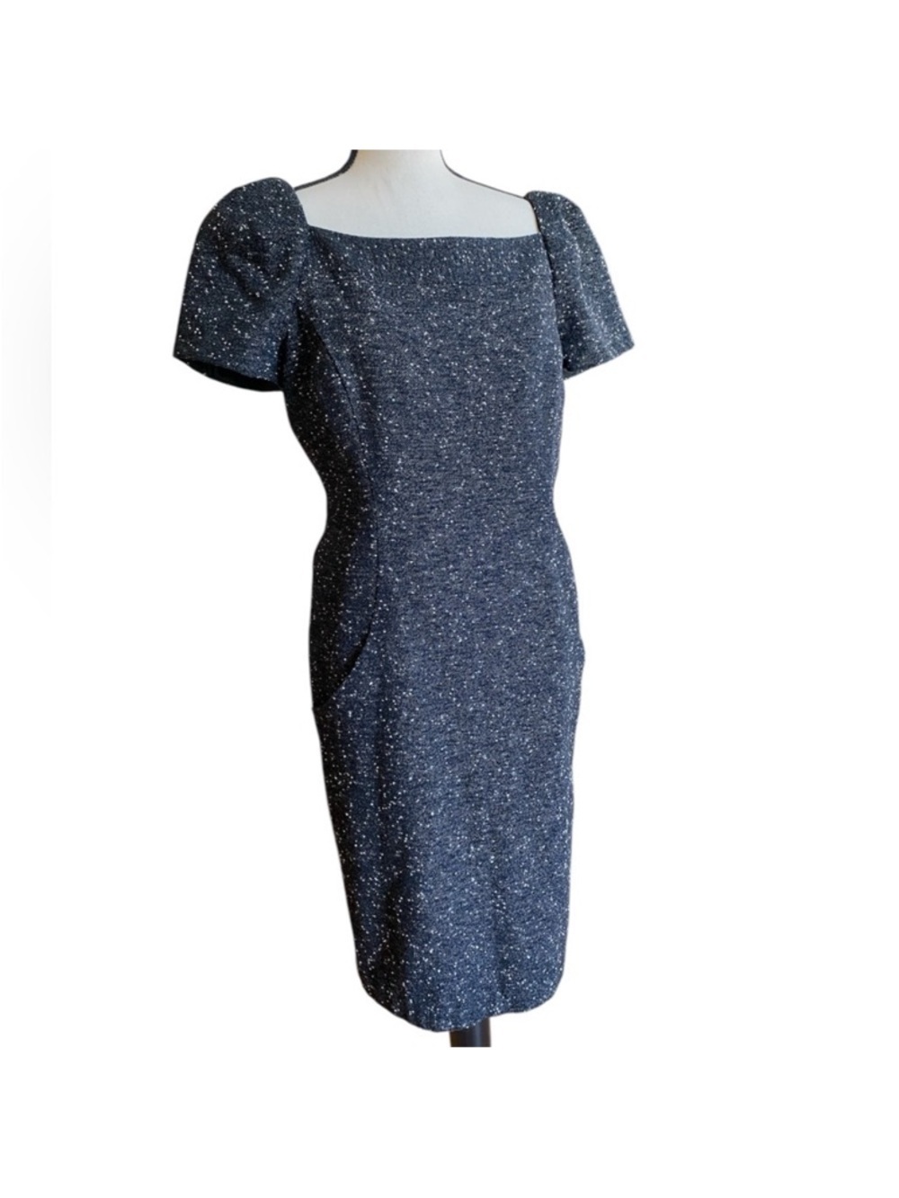 Lafayette 148 New York Black Wool Blend Tweed Sheath Puff Sleeves Dress Sz 6 EUC